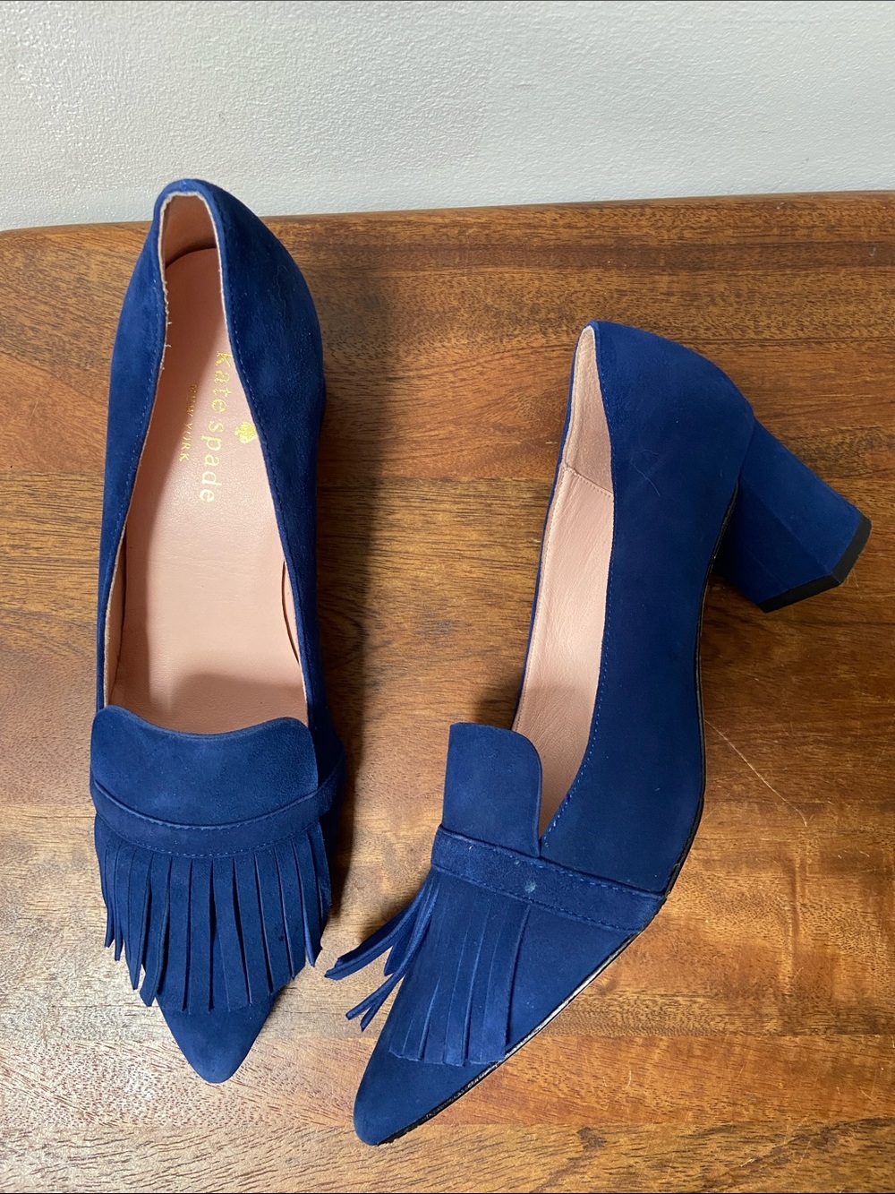 Kate Spade NY Sela Fringe Block Heel Pumps Blue Suede